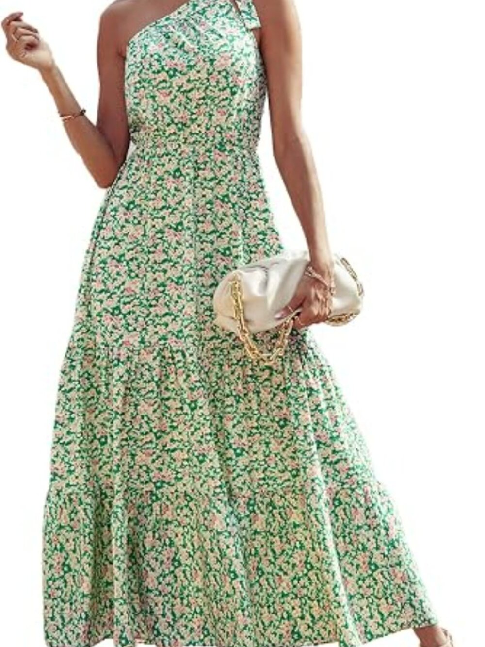 Green Floral One-Shoulder Maxi Dress with Tie Strap